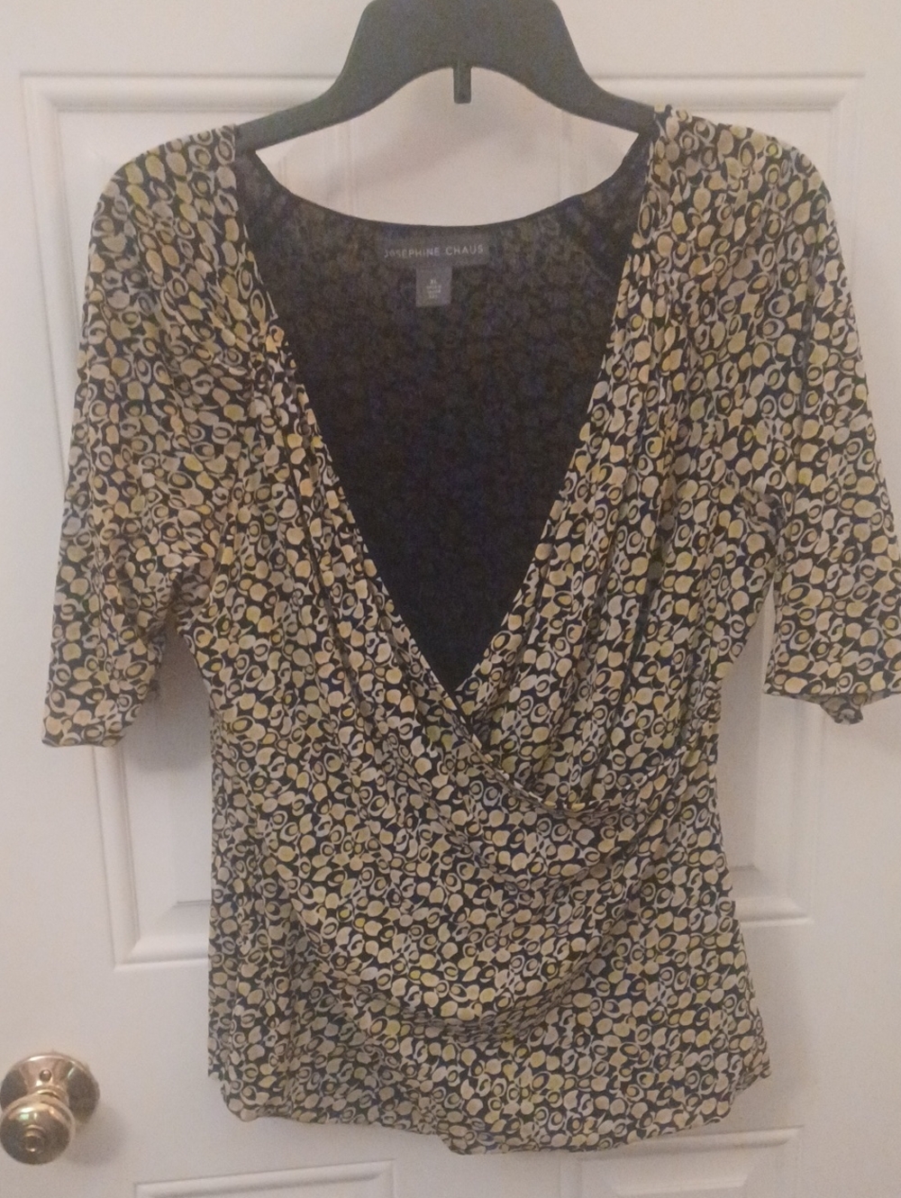 Josephine Chaus Black and Yellow Printed Wrap-Style Blouse